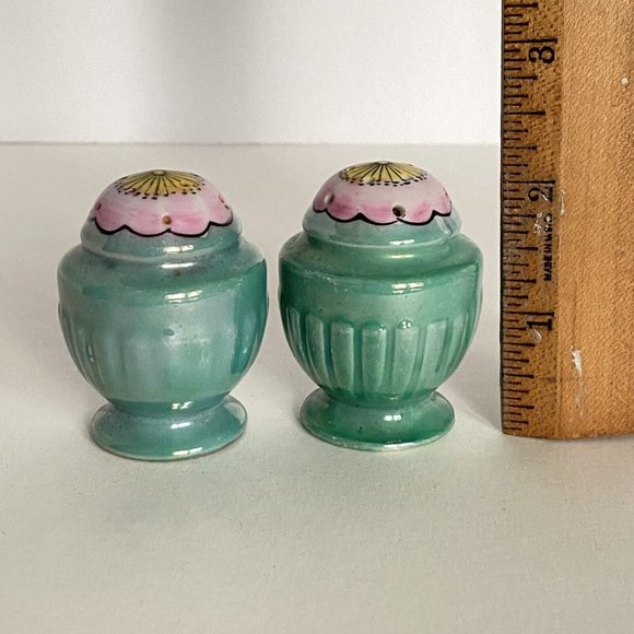Cherry Blossom Aqua Lusterware Salt Pepper Shakers Made In Japan - Picture 5 of 6